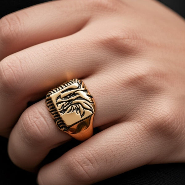 Royal Series - EAGLE FIRE RING - Pure Stainless Steel Men’s Gold-Plated Ring – Statement Luxury Jewelry (Size : 16-22-26)