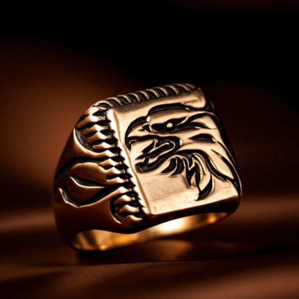 Royal Series - EAGLE FIRE RING - Pure Stainless Steel Men’s Gold-Plated Ring – Statement Luxury Jewelry (Size : 16-22-26)