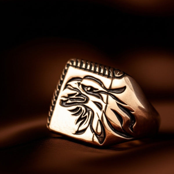 Royal Series - EAGLE FIRE RING - Pure Stainless Steel Men’s Gold-Plated Ring – Statement Luxury Jewelry (Size : 16-22-26)