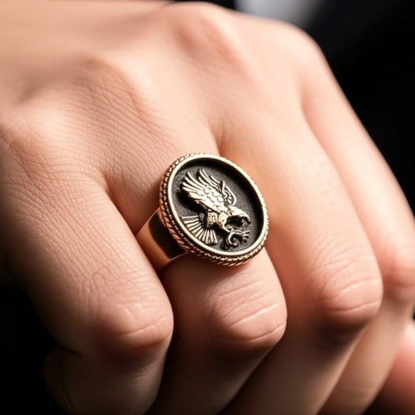 Royal Series - EAGLE OF AEGIS RING - Pure Stainless Steel Men’s Rose Gold-Plated Ring – Statement Luxury Jewelry (Size : 15-21-27)