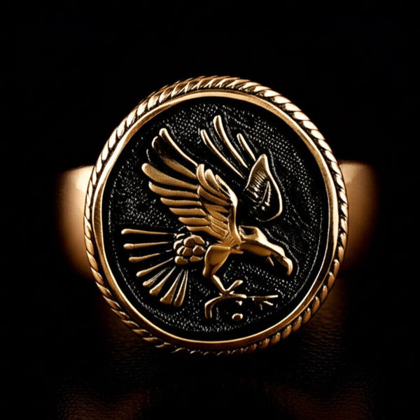 Royal Series - EAGLE OF AEGIS RING - Pure Stainless Steel Men’s Rose Gold-Plated Ring – Statement Luxury Jewelry (Size : 15-21-27)
