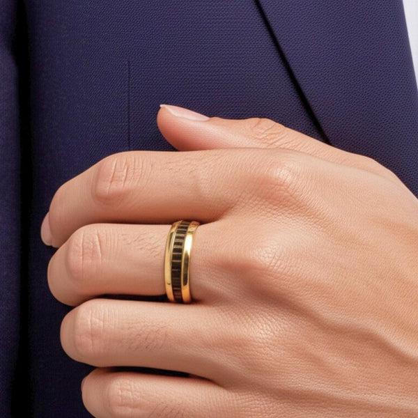 Royal Series - ECLIPSE BAND RING - Pure Stainless Steel Men’s Gold-Black-Plated Ring – Statement Luxury Jewelry (Size : 16-22-27)