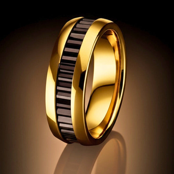 Royal Series - ECLIPSE BAND RING - Pure Stainless Steel Men’s Gold-Black-Plated Ring – Statement Luxury Jewelry (Size : 16-22-27)