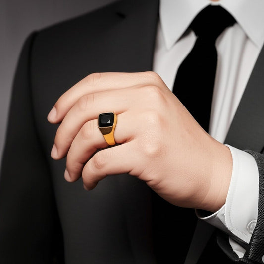 THE MEN THING Rings Royal Series - ECLIPSE MAJESTY RING - Pure Stainless Steel Men’s Gold-Plated Ring – Statement Luxury Jewelry (Size : 16-17-18-22-26-27)