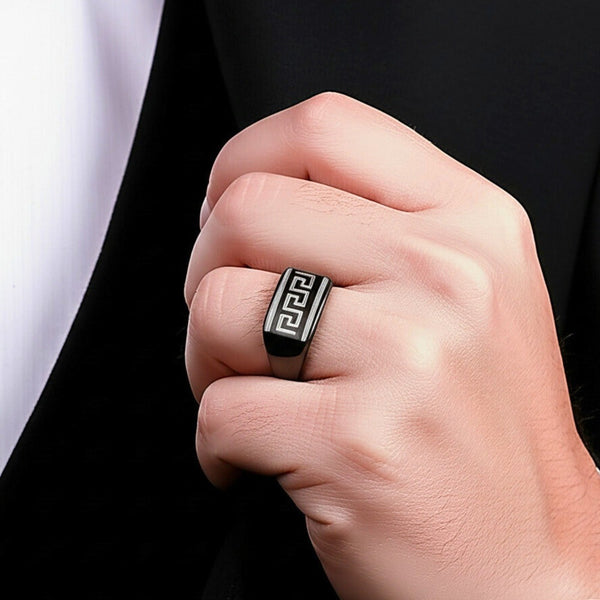 Royal Series - EZARO RING - Pure Stainless Steel Men’s Black-White Shell-Plated Ring – Statement Luxury Jewelry (Size : 18-21-23)