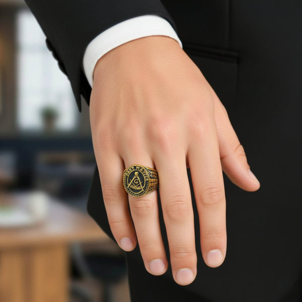 Royal Series - FREEMASON LEGACY RING - Pure Stainless Steel Men’s Gold-Plated Ring – Statement Luxury Jewelry (Size :17-19-22-24-25-29)