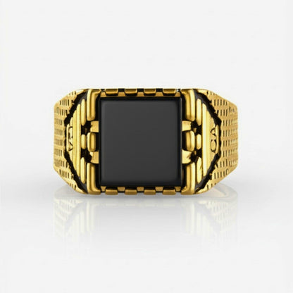 THE MEN THING Rings Royal Series - GOLDEN AEGIS RING - Pure Stainless Steel Men’s Gold-Plated Ring – Statement Luxury Jewelry (Size : 16-21-27)