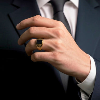 THE MEN THING Rings Royal Series - GOLDEN AEGIS RING - Pure Stainless Steel Men’s Gold-Plated Ring – Statement Luxury Jewelry (Size : 16-21-27)