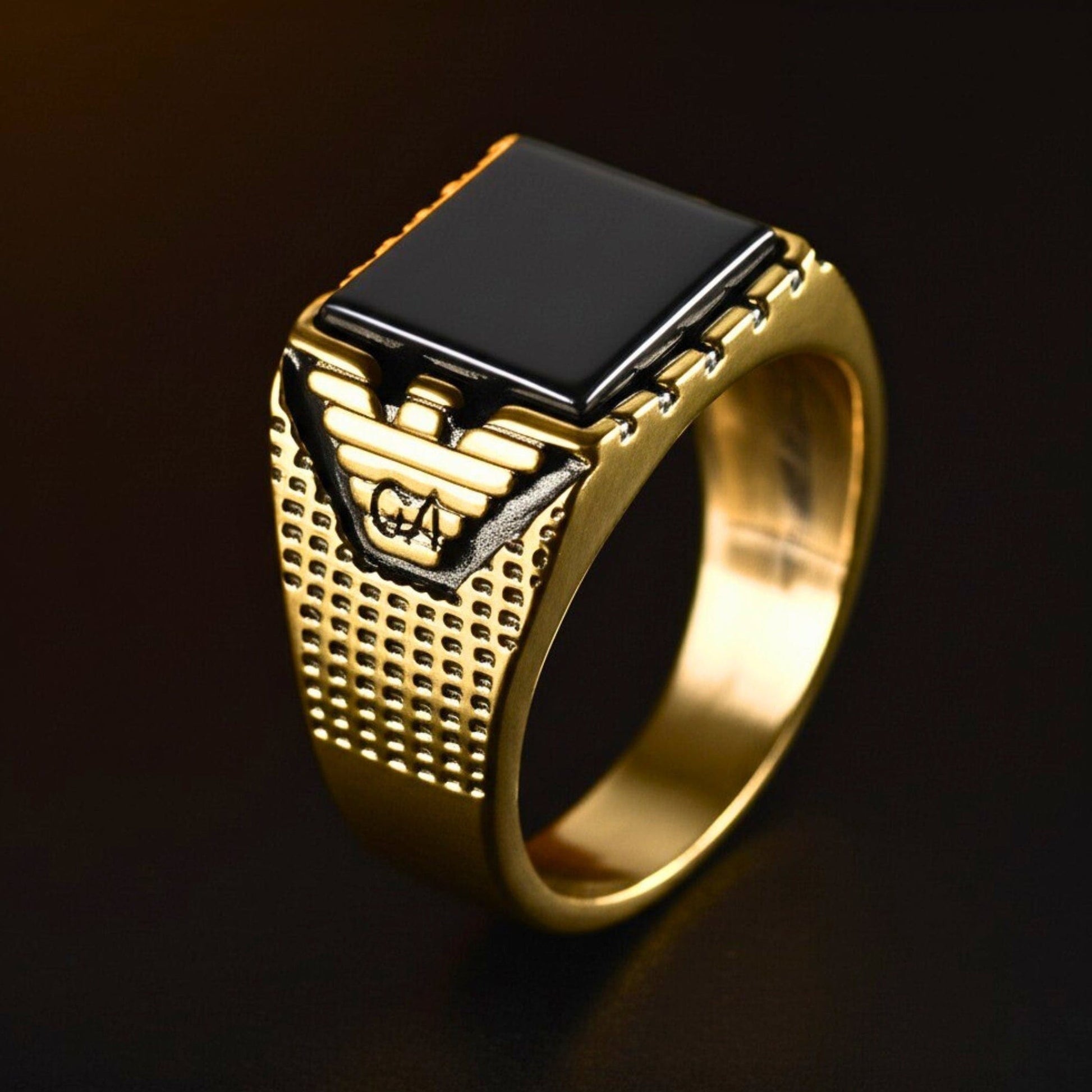 THE MEN THING Rings Royal Series - GOLDEN AEGIS RING - Pure Stainless Steel Men’s Gold-Plated Ring – Statement Luxury Jewelry (Size : 16-21-27)