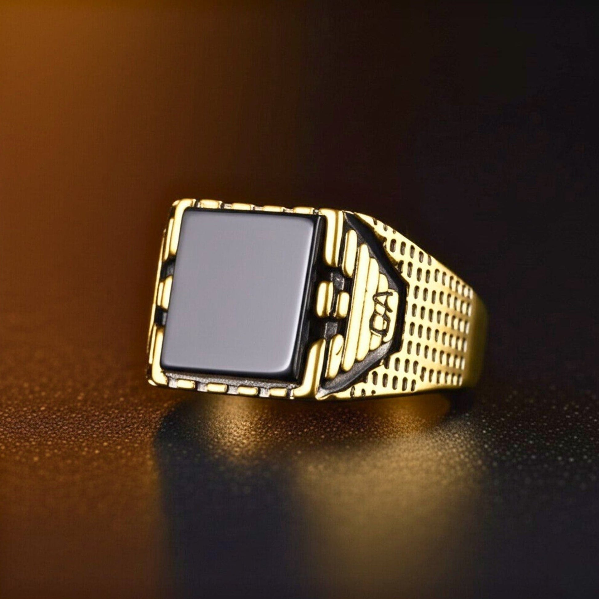 THE MEN THING Rings Royal Series - GOLDEN AEGIS RING - Pure Stainless Steel Men’s Gold-Plated Ring – Statement Luxury Jewelry (Size : 16-21-27)