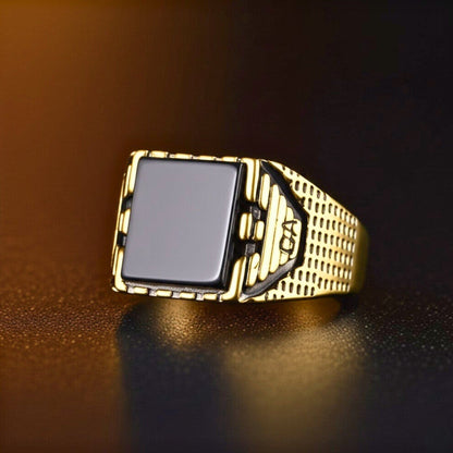 THE MEN THING Rings Royal Series - GOLDEN AEGIS RING - Pure Stainless Steel Men’s Gold-Plated Ring – Statement Luxury Jewelry (Size : 16-21-27)