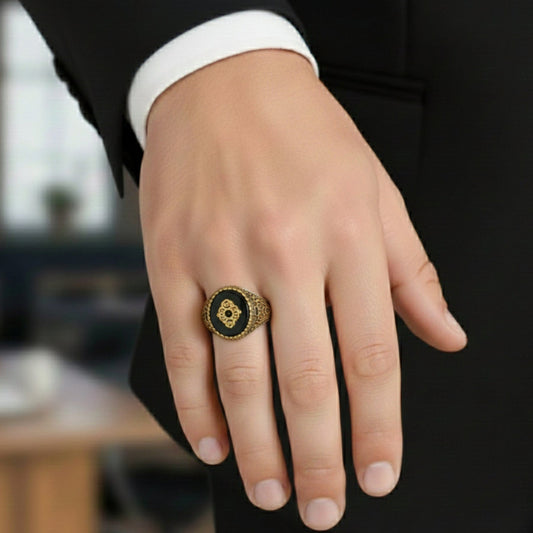 THE MEN THING Rings Royal Series - GOLDEN ELITE CREST RING - Pure Stainless Steel Men’s Steel-Gold-Plated Ring – Statement Luxury Jewelry (Size : 17-19-22-25-27)