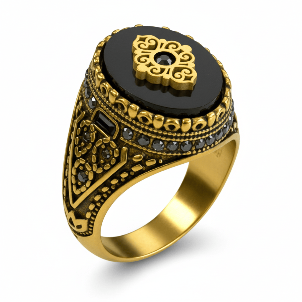 THE MEN THING Rings Royal Series - GOLDEN ELITE CREST RING - Pure Stainless Steel Men’s Steel-Gold-Plated Ring – Statement Luxury Jewelry (Size : 17-19-22-25-27)