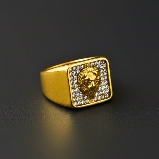 THE MEN THING Rings Royal Series - GOLDEN ROAR RING - Pure Stainless Steel Men’s Gold-Plated Ring – Statement Luxury Jewelry (Size : 16-18-21-25-27-30)
