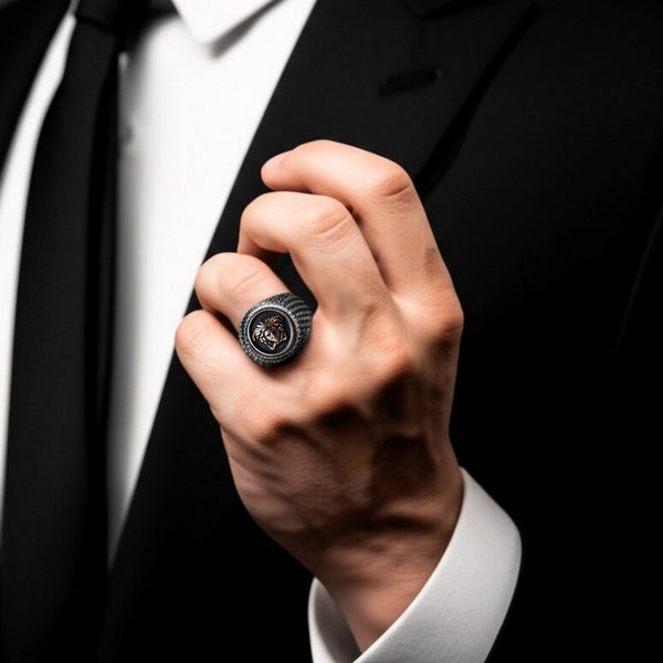 Royal Series - GORGON CREST RING - Pure Stainless Steel Men’s Steel-Plated Ring – Statement Luxury Jewelry (Size : 16-19-22-26-27)