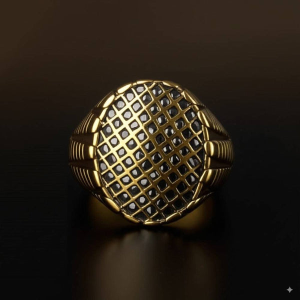Royal Series - GRIDIRON MAJESTY RING - Pure Stainless Steel Men’s Gold-Plated Ring – Statement Luxury Jewelry (Size : 18-21-27)