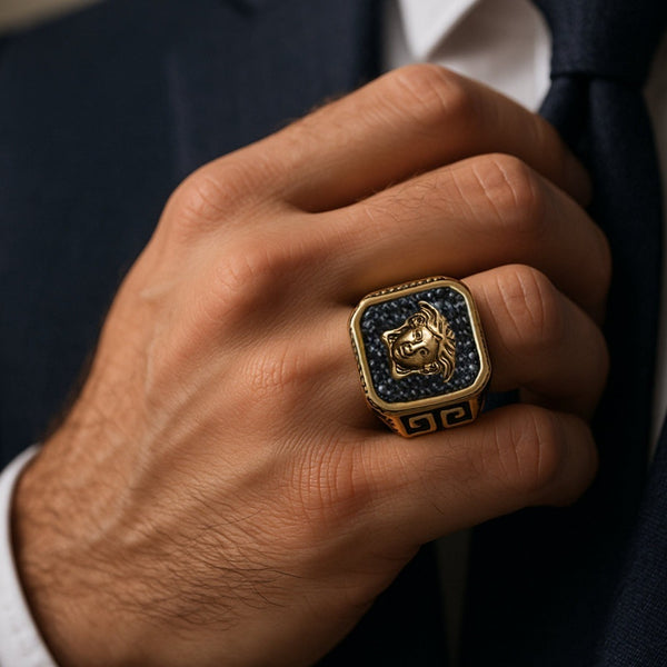Royal Series - HELLENIC HYDRA RING - Pure Stainless Steel Men’s Gold-Plated Ring – Statement Luxury Jewelry (Size : -17-21-26)