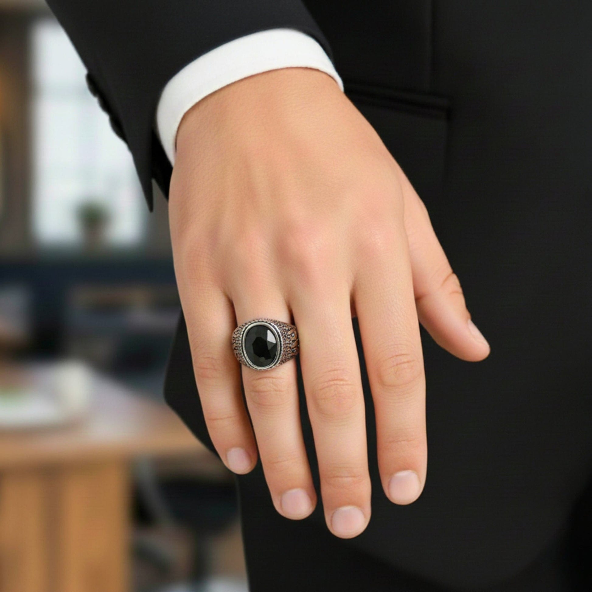 THE MEN THING Rings Royal Series - HELLFIRE OBSIDIAN RING - Pure Stainless Steel Men’s Steel-Plated Ring – Statement Luxury Jewelry (Size : 15-19-22-25-27-30)