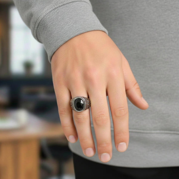 Royal Series - HELLFIRE OBSIDIAN RING - Pure Stainless Steel Men’s Steel-Plated Ring – Statement Luxury Jewelry (Size : 15-19-22-25-27-30)