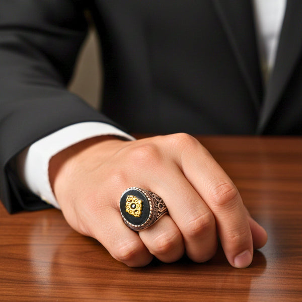 Royal Series - IMPERIAL GLYPH RING - Pure Stainless Steel Men’s Steel-Gold-Plated Ring – Statement Luxury Jewelry (Size : 17-21-22-26-27)