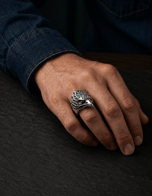 THE MEN THING Rings Royal Series - IRON HAWK RING - Pure Stainless Steel Men’s Steel-Plated Ring – Statement Luxury Jewelry (Size :15-18-20-25-26-28-30)