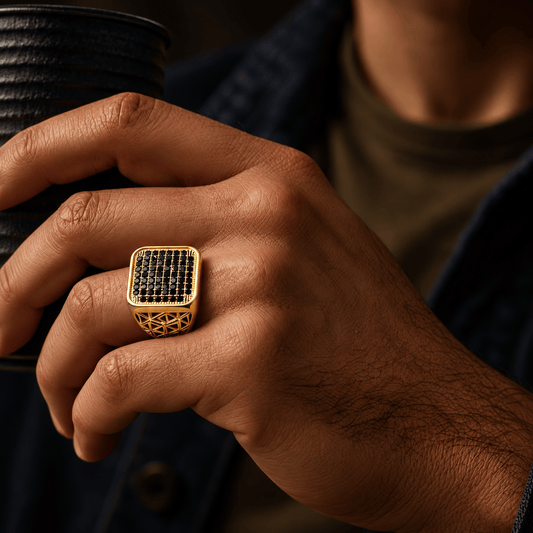 THE MEN THING Rings Royal Series - KING GRID - Pure Titanium Steel Ring for Men & Boys Luxury Style, Gold Black Tone (Size : 16-20-26)