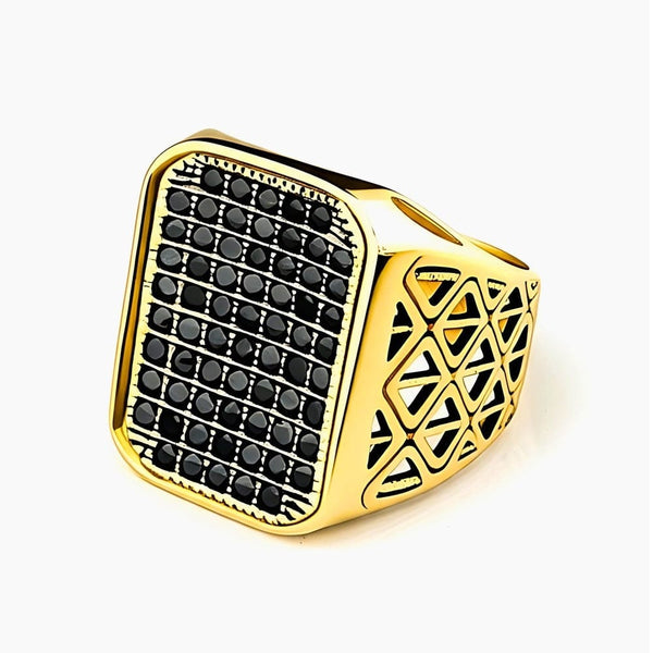 Royal Series - KING GRID - Pure Titanium Steel Ring for Men & Boys Luxury Style, Gold Black Tone (Size : 16-20-26)