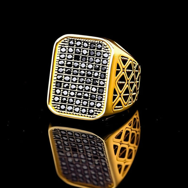 Royal Series - KING GRID - Pure Titanium Steel Ring for Men & Boys Luxury Style, Gold Black Tone (Size : 16-20-26)