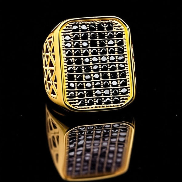 Royal Series - KING GRID - Pure Titanium Steel Ring for Men & Boys Luxury Style, Gold Black Tone (Size : 16-20-26)