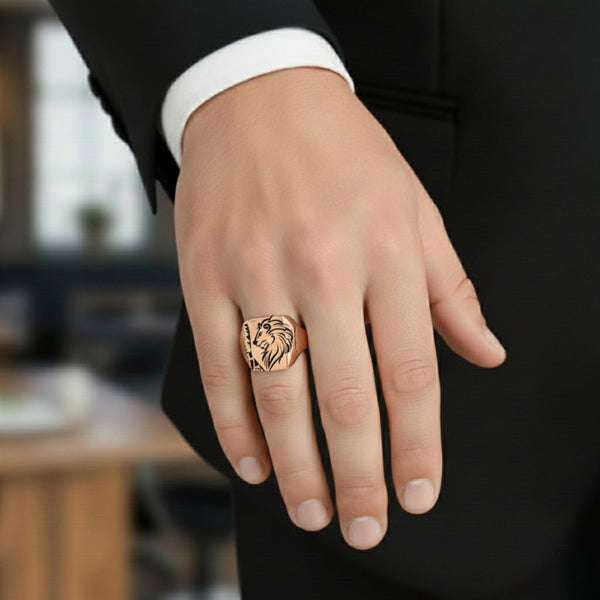 Royal Series - LION FLARE RING - Pure Stainless Steel Men’s Rose Gold-Plated Ring – Statement Luxury Jewelry (Size : 19-21-23)