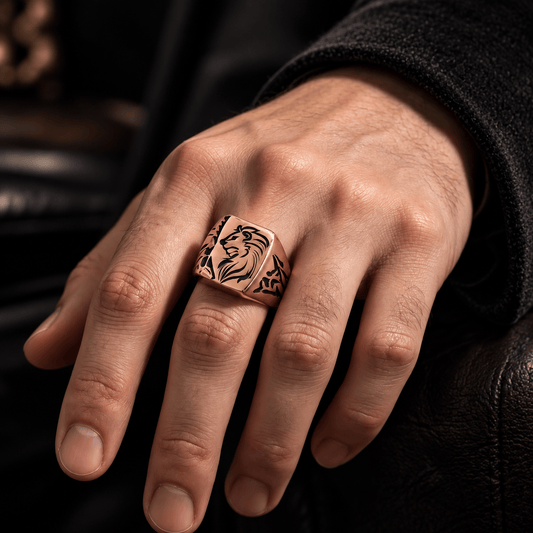 THE MEN THING Rings Royal Series - LION FLARE RING - Pure Stainless Steel Men’s Rose Gold-Plated Ring – Statement Luxury Jewelry (Size : 19-21-23)