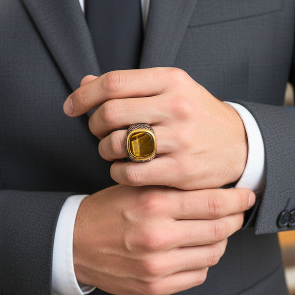 Royal Series - LUNAR EMBER RING - Pure Stainless Steel Men’s Steel-Gold-Plated Ring – Statement Luxury Jewelry (Size :15-16-17-18-21-22-23-25-26-27-28)