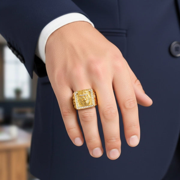 Royal Series - MAHARAJA LION RING - Pure Stainless Steel Men’s Gold-Plated Ring – Statement Luxury Jewelry (Size : 16-19-22-24-27-30)