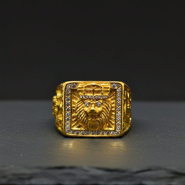 Royal Series - MAHARAJA LION RING - Pure Stainless Steel Men’s Gold-Plated Ring – Statement Luxury Jewelry (Size : 16-19-22-24-27-30)