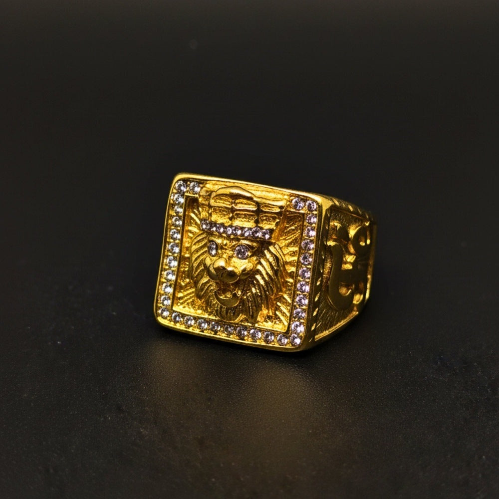 THE MEN THING Rings Royal Series - MAHARAJA LION RING - Pure Stainless Steel Men’s Gold-Plated Ring – Statement Luxury Jewelry (Size : 16-19-22-24-27-30)