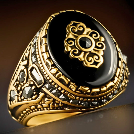 THE MEN THING Rings Royal Series - MAJESTIC ONYX RING - Pure Stainless Steel Men’s Gold-Plated Ring – Statement Luxury Jewelry (Size : 17-22-28)