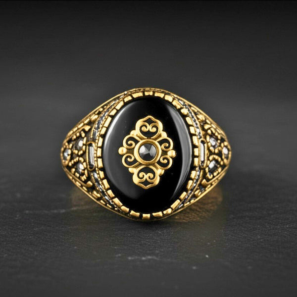 Royal Series - MAJESTIC ONYX RING - Pure Stainless Steel Men’s Gold-Plated Ring – Statement Luxury Jewelry (Size : 17-22-28)