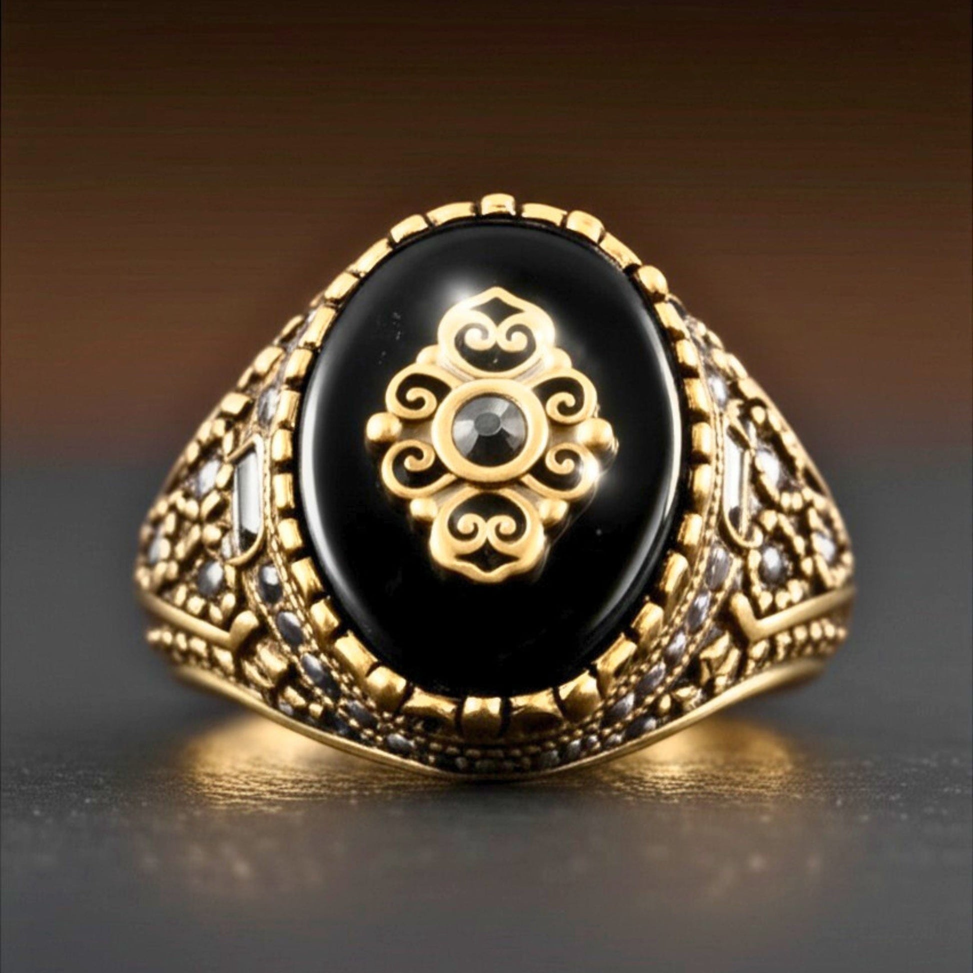 THE MEN THING Rings Royal Series - MAJESTIC ONYX RING - Pure Stainless Steel Men’s Gold-Plated Ring – Statement Luxury Jewelry (Size : 17-22-28)