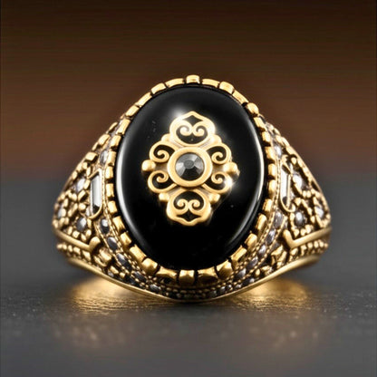 THE MEN THING Rings Royal Series - MAJESTIC ONYX RING - Pure Stainless Steel Men’s Gold-Plated Ring – Statement Luxury Jewelry (Size : 17-22-28)
