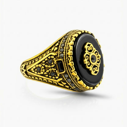 THE MEN THING Rings Royal Series - MAJESTIC ONYX RING - Pure Stainless Steel Men’s Gold-Plated Ring – Statement Luxury Jewelry (Size : 17-22-28)
