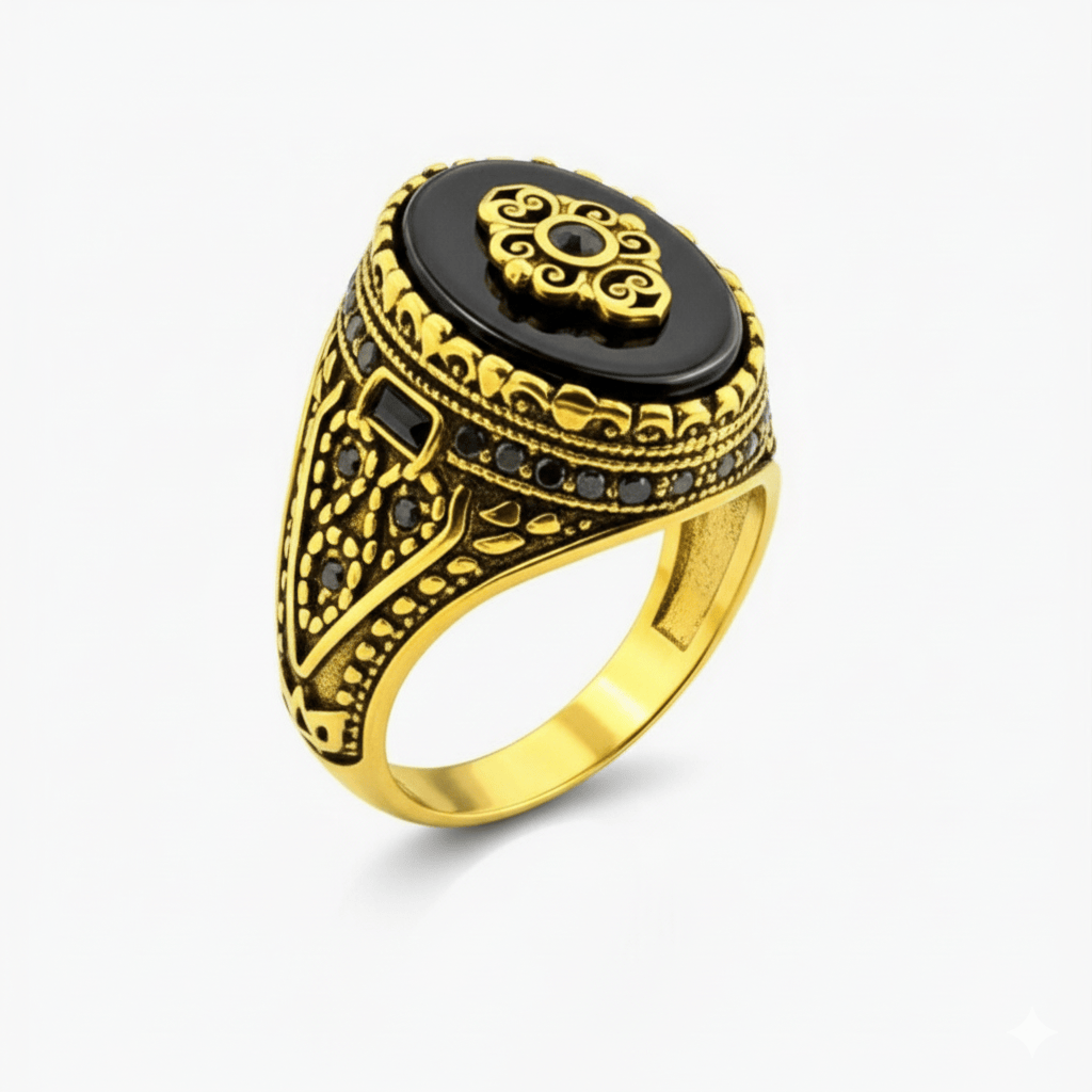 THE MEN THING Rings Royal Series - MAJESTIC ONYX RING - Pure Stainless Steel Men’s Gold-Plated Ring – Statement Luxury Jewelry (Size : 17-22-28)