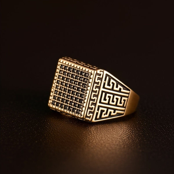 Royal Series - MAZE KING RING - Pure Stainless Steel Men’s Gold-Plated Ring – Statement Luxury Jewelry (Size : 20-24-26)