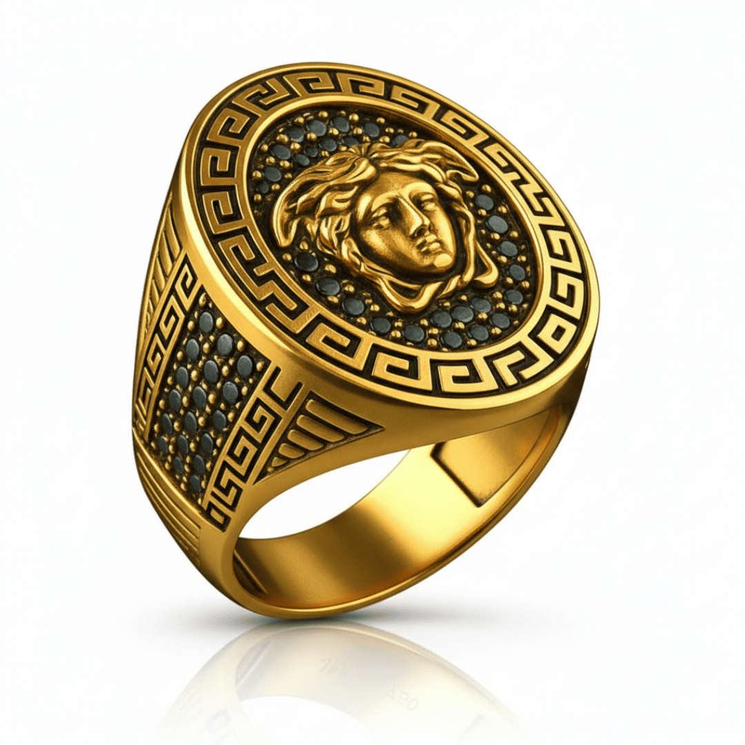 THE MEN THING Rings Royal Series - MEDUSA SIGNET RING - Pure Stainless Steel Men’s Gold-Plated Ring – Statement Luxury Jewelry (Size : 15-19-22-24-27)