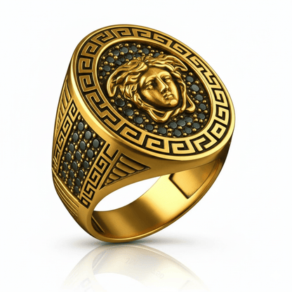 THE MEN THING Rings Royal Series - MEDUSA SIGNET RING - Pure Stainless Steel Men’s Gold-Plated Ring – Statement Luxury Jewelry (Size : 15-19-22-24-27)