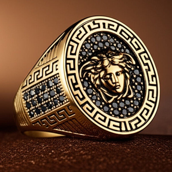 Royal Series - MEDUSA SIGNET RING - Pure Stainless Steel Men’s Gold-Plated Ring – Statement Luxury Jewelry (Size : 15-19-22-24-27)