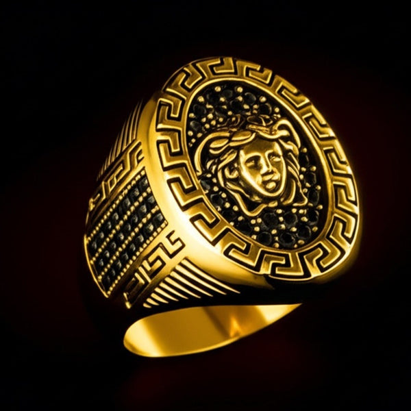 Royal Series - MEDUSA SIGNET RING - Pure Stainless Steel Men’s Gold-Plated Ring – Statement Luxury Jewelry (Size : 15-19-22-24-27)