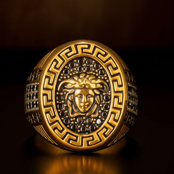 Royal Series - MEDUSA SIGNET RING - Pure Stainless Steel Men’s Gold-Plated Ring – Statement Luxury Jewelry (Size : 15-19-22-24-27)