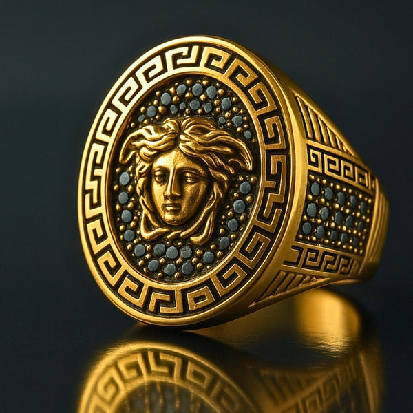 Royal Series - MEDUSA SIGNET RING - Pure Stainless Steel Men’s Gold-Plated Ring – Statement Luxury Jewelry (Size : 15-19-22-24-27)