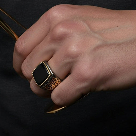 THE MEN THING Rings Royal Series - MIDNIGHT ORACLE RING - Pure Stainless Steel Men’s Black-Gold-Plated Ring – Statement Luxury Jewelry (Size : 16-19-21-22-24-26)