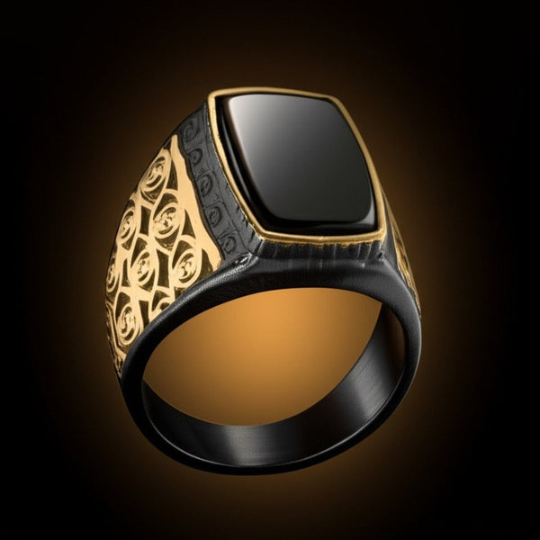 Royal Series - MIDNIGHT ORACLE RING - Pure Stainless Steel Men’s Black-Gold-Plated Ring – Statement Luxury Jewelry (Size : 16-19-21-22-24-26)